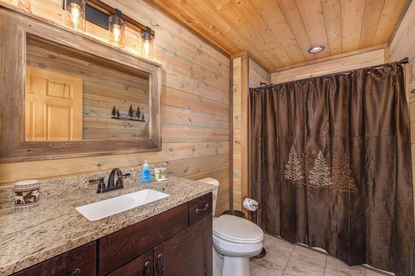 Ein Badezimmer einer Holzhütte mit einem Waschtisch aus Granit, einem Spiegel und einer Toilette.