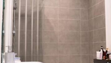 Shower, hair dryer, towels