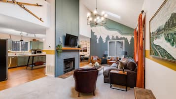 Smart TV, fireplace, books