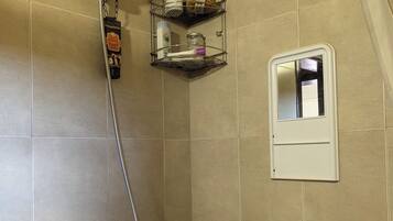 Shower, towels, toilet paper