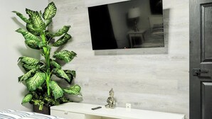 Un dormitorio moderno con una planta grande en maceta, un televisor de pantalla plana montado en la pared, un aparador blanco y una puerta de madera oscura.