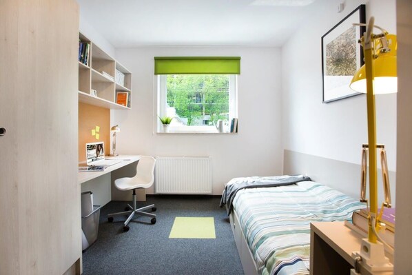 Een bureau, een strijkplank/strijkijzer, wifi, beddengoed