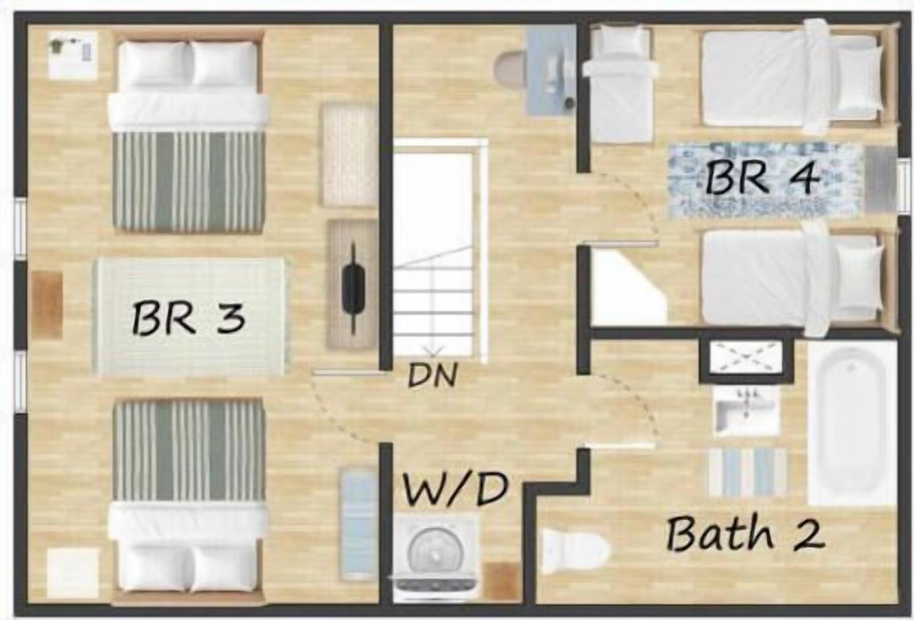 Indeling van een hotelkamer met vier slaapkamers (BR 3, BR 4, BR 2, en BR 2), een gedeelde badkamer (W/D), en een eethoek (DN).