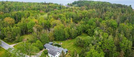 A house surrounded by dense forest, a clear view of the lake, and a well-maintained lawn.