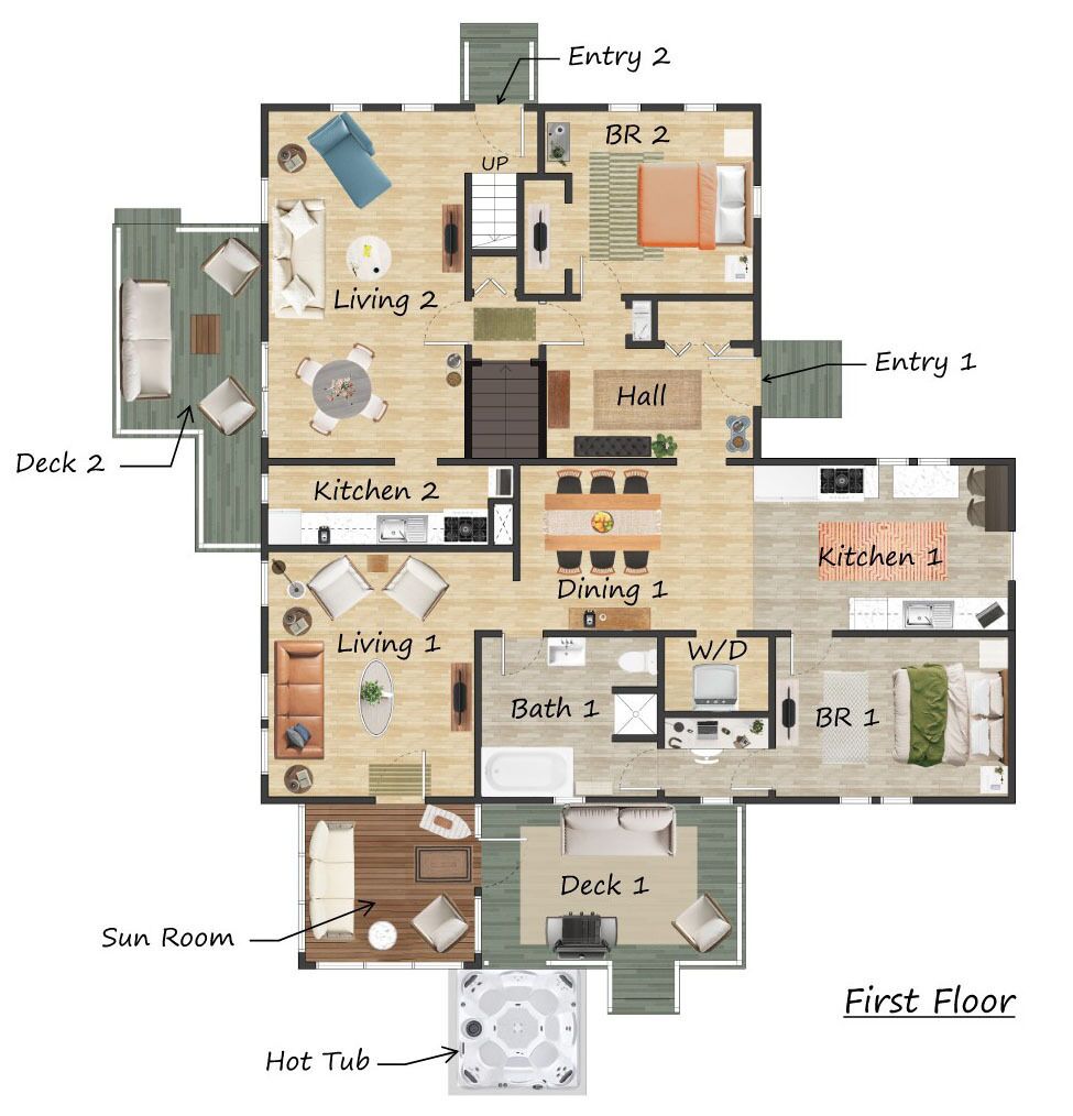 A first-floor floor plan with two living rooms, two kitchens, a dining area, a hall, a sun room, a hot tub, and two decks.