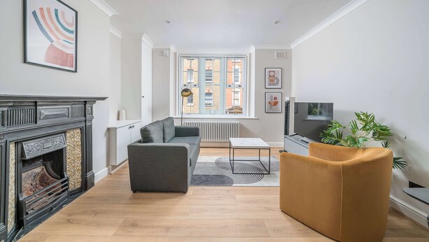 Una sala de estar moderna con chimenea, sofá, mesa de centro y una planta.