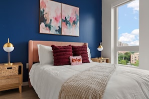 1 bedroom, desk, iron/ironing board, travel cot