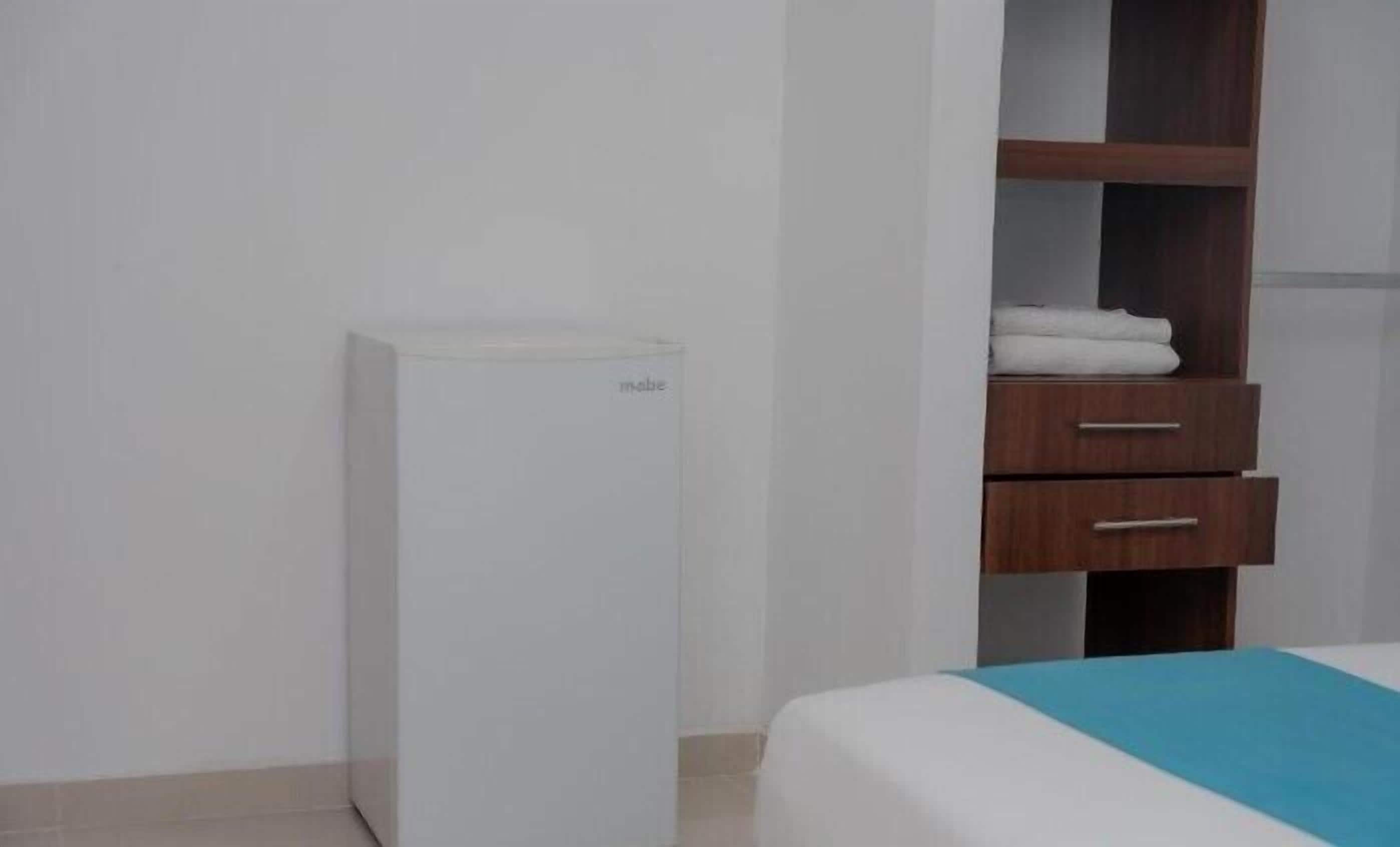 A hotel room with a bed, a wardrobe, and a minibar.