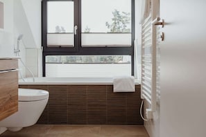 Shower, hair dryer, towels