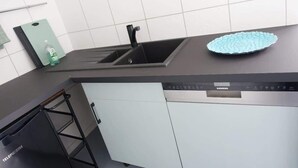 A modern kitchen with a black countertop, a Siemens dishwasher, and a green cutting board with a bottle of dish soap. - DUS-Loft (Düsseldorf)