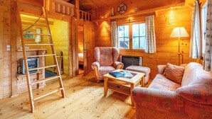 A cozy cabin interior with a wooden ladder, a sofa, a chair, and a television. - House Svenja (Koserow)