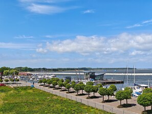 Un port de plaisance avec des bateaux amarrés, une promenade piétonne bordée d’arbres et une vue sur l’eau et la côte au loin.