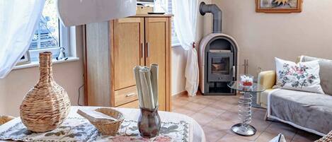 TV, fireplace, books, stereo