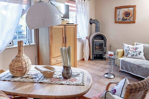 TV, fireplace, books, stereo