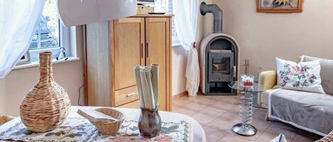 Televisión, chimenea, libros y estéreo