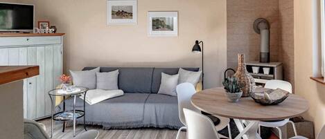 TV, fireplace, books, stereo