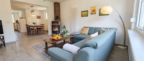 テレビ、暖炉、DVD プレーヤー