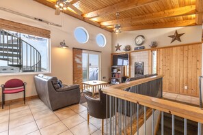 TV, fireplace, books