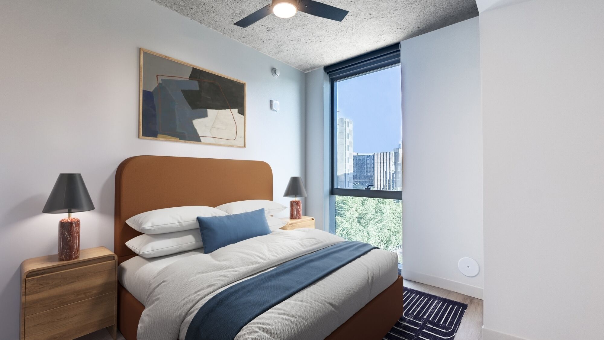 Desk, laptop workspace, blackout drapes, iron/ironing board