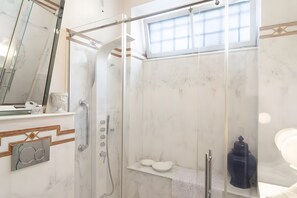 Shower, hair dryer, towels
