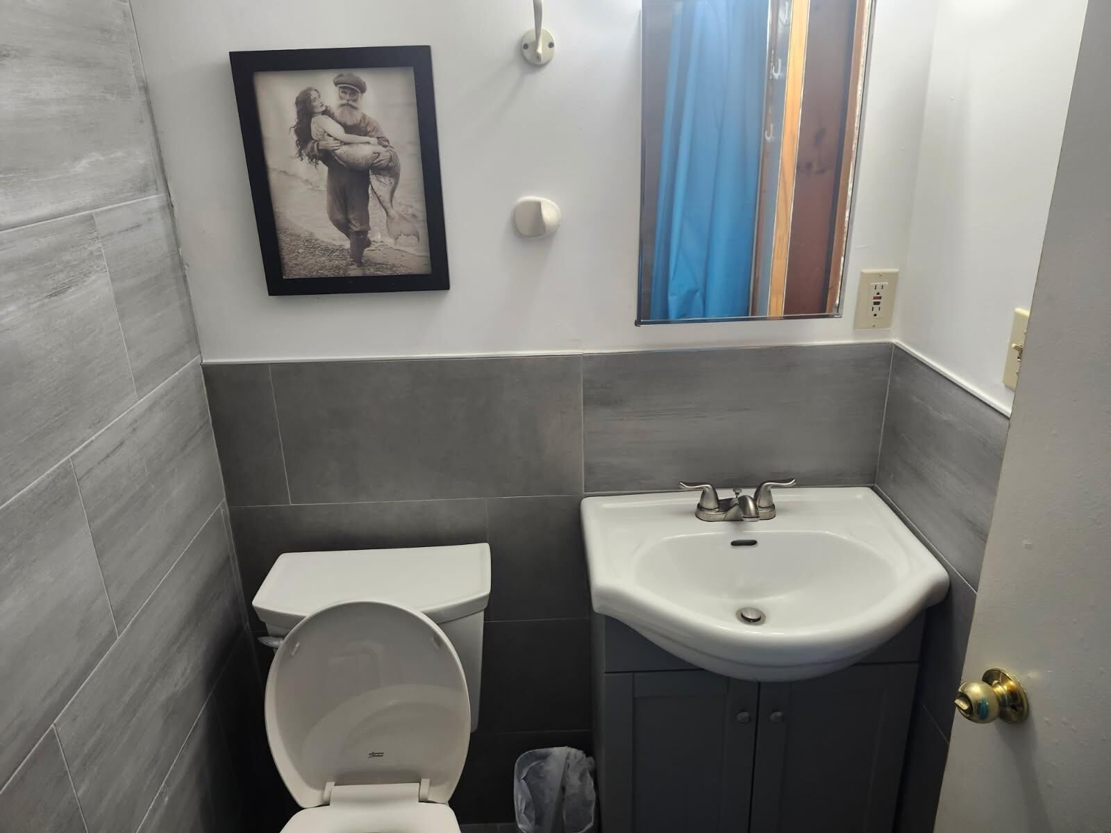 A bathroom with a toilet, sink, and a framed picture on the wall.