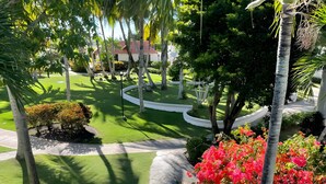 Ein gepflegter Garten mit gewundenem Weg, Palmen und blühenden Sträuchern.