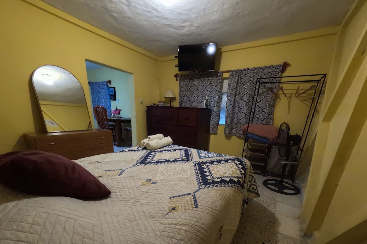 A bedroom with a bed, a dresser, a mirror, a wardrobe, and a radiator.