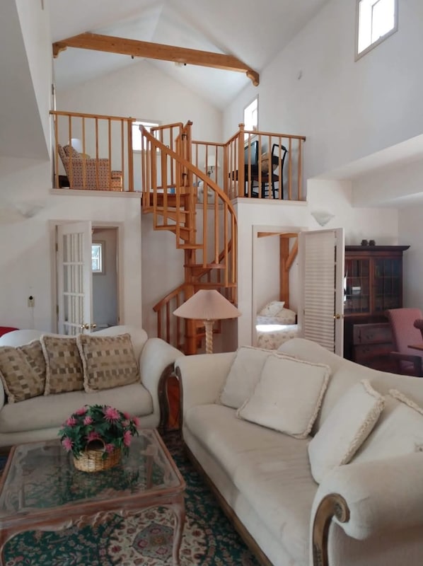 Smart TV, fireplace, DVD player, books