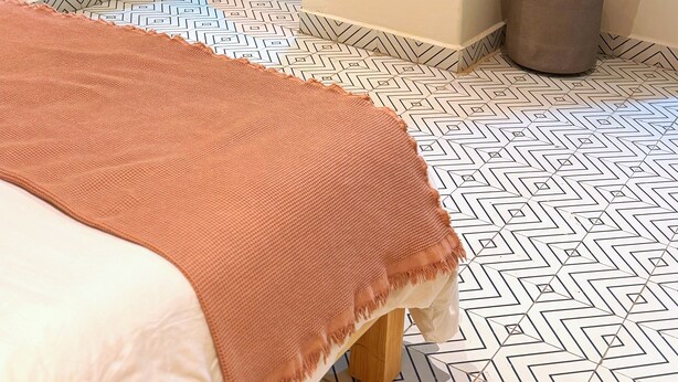 Ein Schlafzimmer mit einem Bett, einem an der Wand montierten Fernseher, einem Blumentopf und einem gemusterten Boden.
