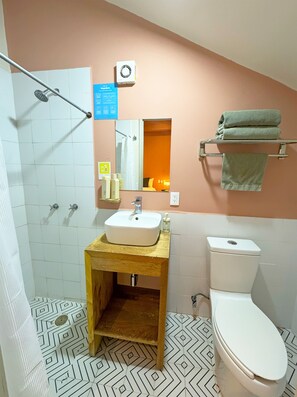 Shower, towels, soap, toilet paper