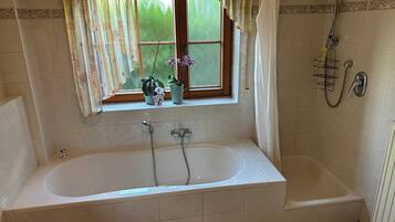 Shower, hair dryer, bidet, towels