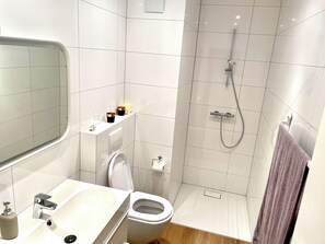 Dusche, Haartrockner, Handtücher, Seife
