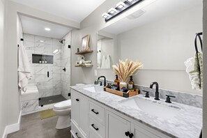 Eco-friendly toiletries, hair dryer, towels, soap