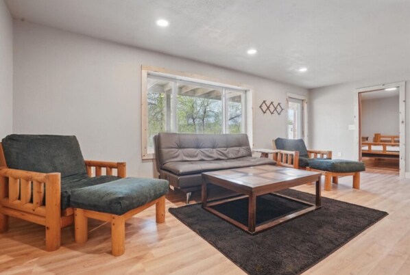 TV, fireplace, books