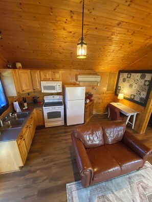 Kühlschrank, Mikrowelle, Herdplatte, Wasserkocher mit Kaffee-/Teezubehör