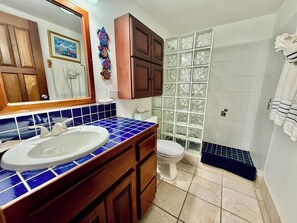 Shower, hair dryer, towels, toilet paper