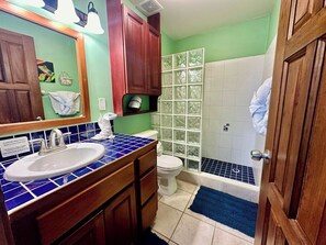 Shower, hair dryer, towels, soap
