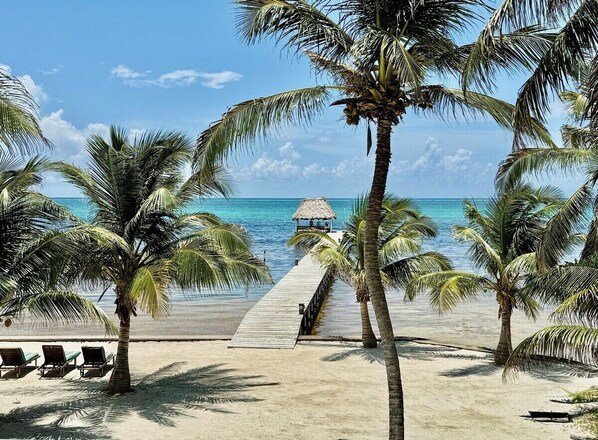 On the beach, sun-loungers, beach towels