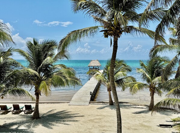 On the beach, sun-loungers, beach towels