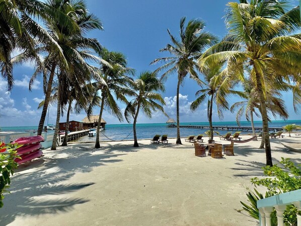 On the beach, sun-loungers, beach towels