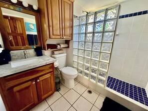Hair dryer, towels, soap, shampoo