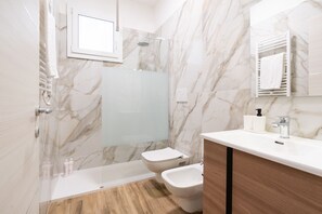 Shower, hair dryer, bidet, towels