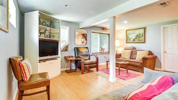 TV, fireplace, books