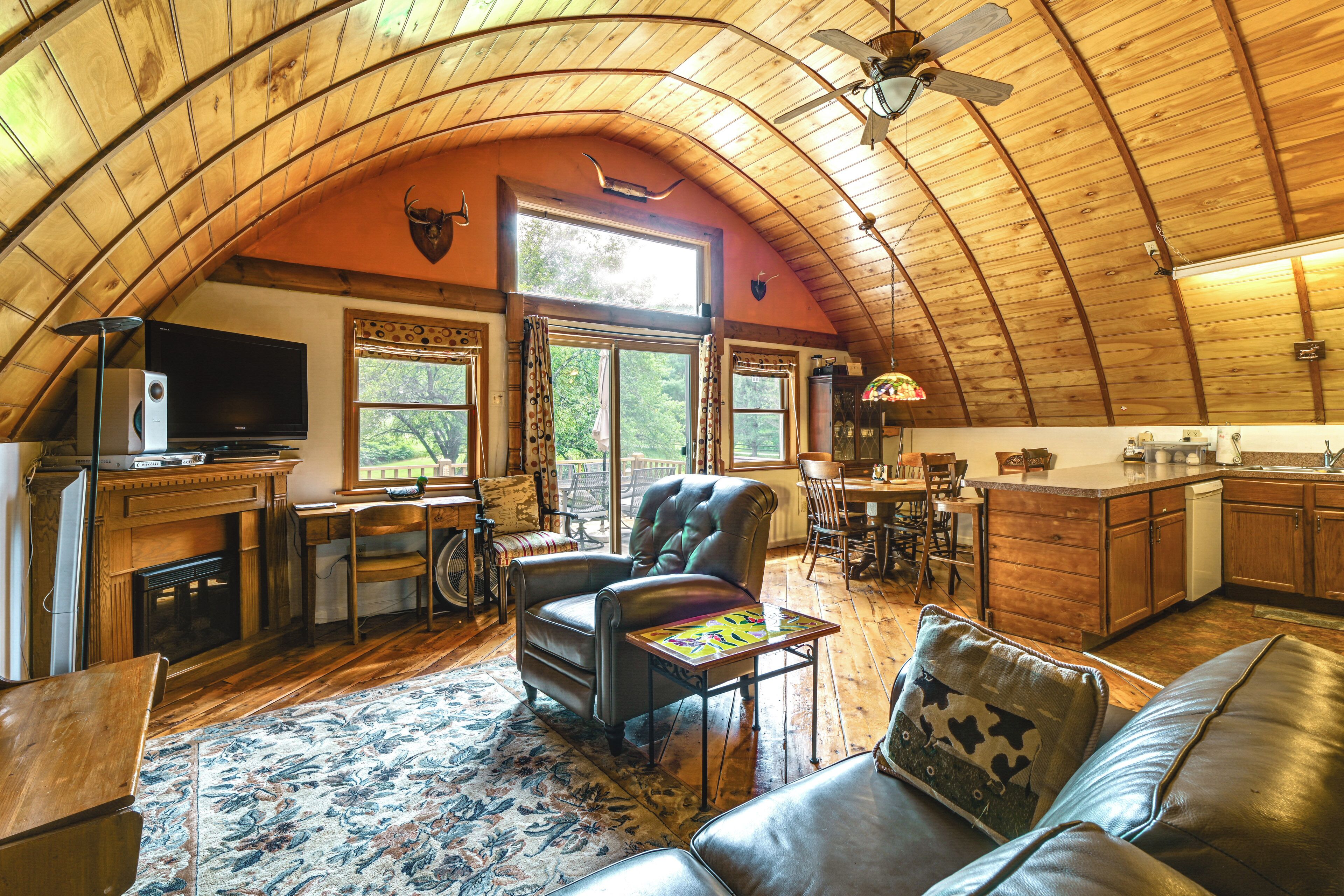TV, fireplace, books