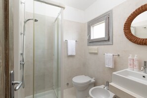 Shower, hair dryer, bidet, towels
