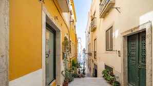 Une ruelle étroite pavée, bordée d’immeubles aux façades jaune et beige, agrémentée de plantes en pot et d’une porte verte ornée d’un motif décoratif.