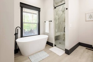 Shower, towels, soap, shampoo