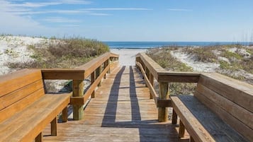 On the beach, sun-loungers, beach towels