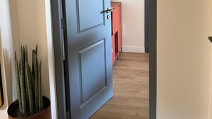 Un couloir avec une porte bleue, une plante en pot et un meuble rouge.