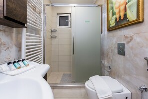 Hair dryer, bidet, towels, soap